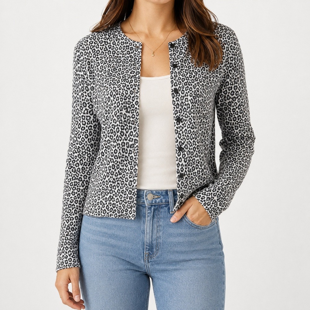 Theory‎ Leopard Cardi Glossed Leopard Black White Animal Print Cardigan Small